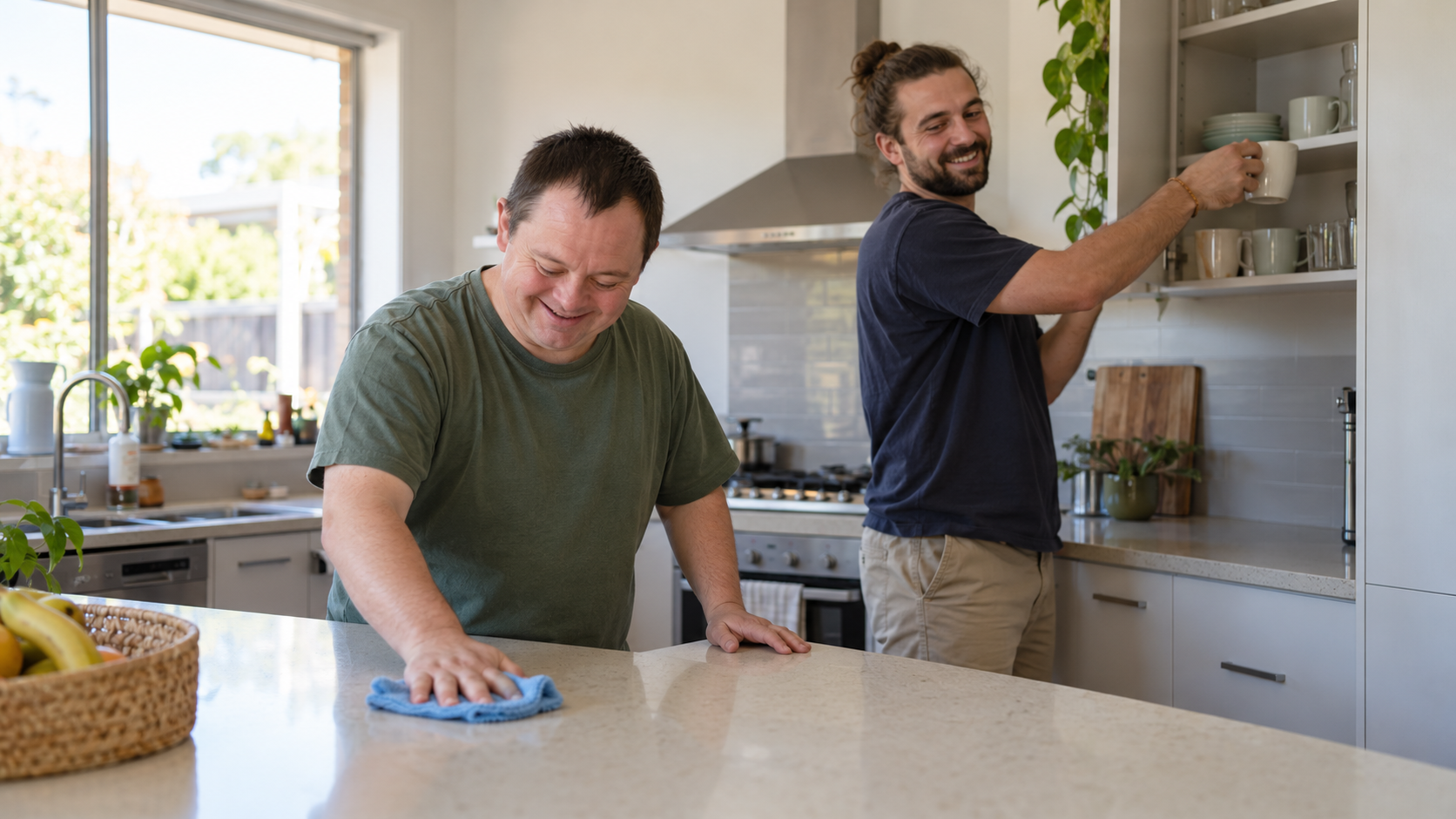 Illustrative household tasks & cleaning support scene.